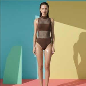 Zara Brown Mesh One-Piece Swimsuit